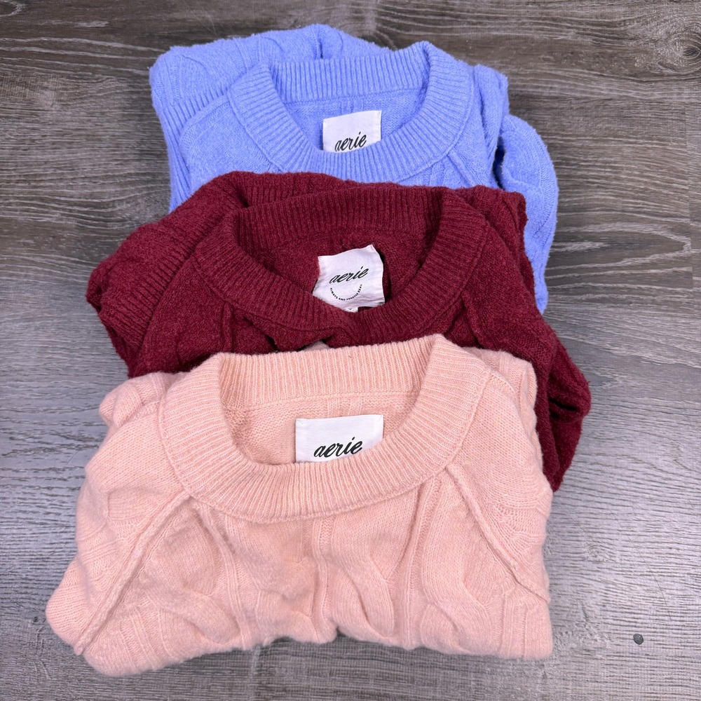 Lot of 3 Aerie Cable Knit Sweaters Womens M Oversized Cozy Cabincore Crewneck - Picture 2 of 9